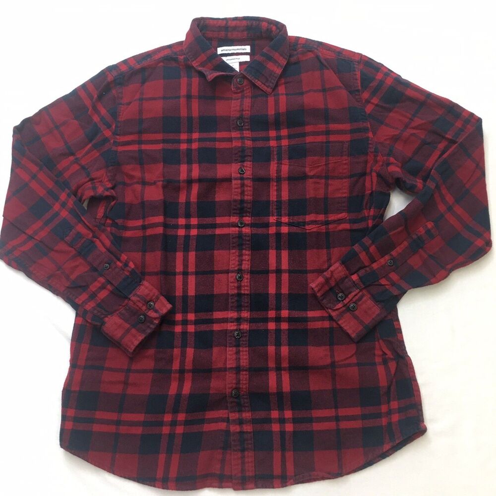 AMAZON Essentials FLANNEL Shirt Mens M Red Blue Check Plaid Slim Fit Grunge Core